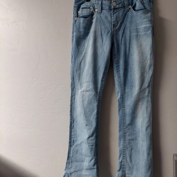 Seven 7 Blue Denim Jeans Rocker Slim‎ Flare Boot Cut Beaded Embroidered Pockets - Picture 1 of 15